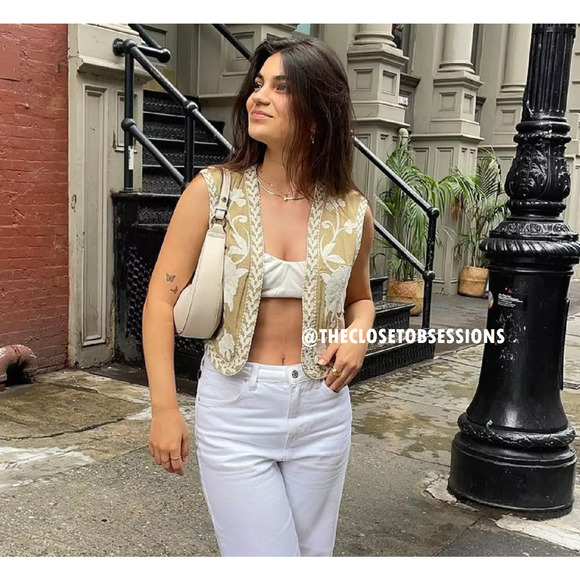ZARA Embroidered Vest NWT | Khaki Open-Front Waistcoat Boho Chic M/L - Picture 10 of 16